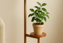 دکوراسیونی متفاوت با استند گل و شلفهای چوبی 8